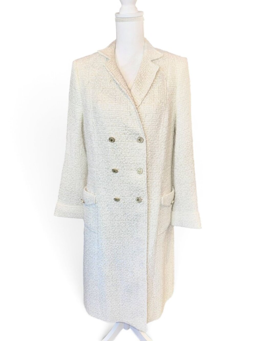 Etro Milano Womens Ivory Bouclé Double-Breasted Long Coat Made In Italy